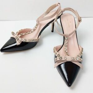 Kate Spade Black and Cream Studded T- Strap patent leather Heels